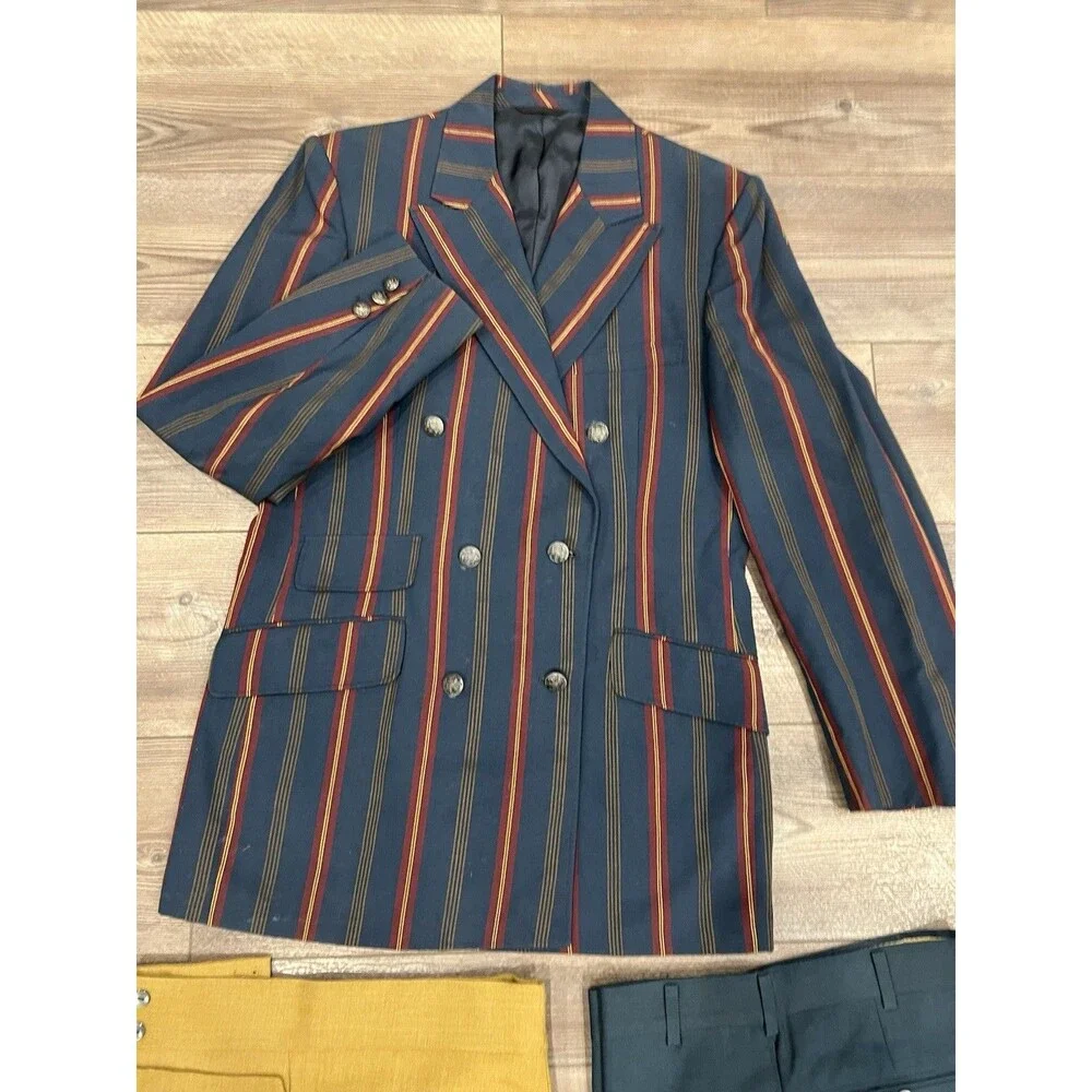Vintage H.I.S. Striped Double-Breasted Blazer Crest Buttons + 2 Farah Pants 3x